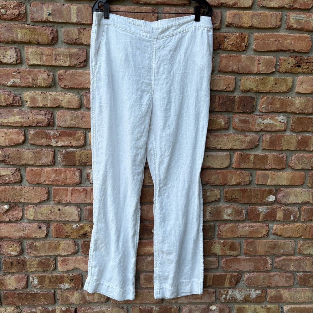 CHICO'S WHITE CHINO LINEN TALL LOOSE SUMMER SPRING PANTS 10T POCKETS ELASTIC